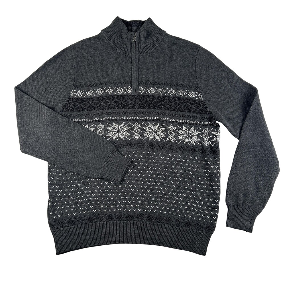 Croft & Barrow Sweater Mens Medium Gray Fair Isle 1/4 Zip Mock Neck Cotton
